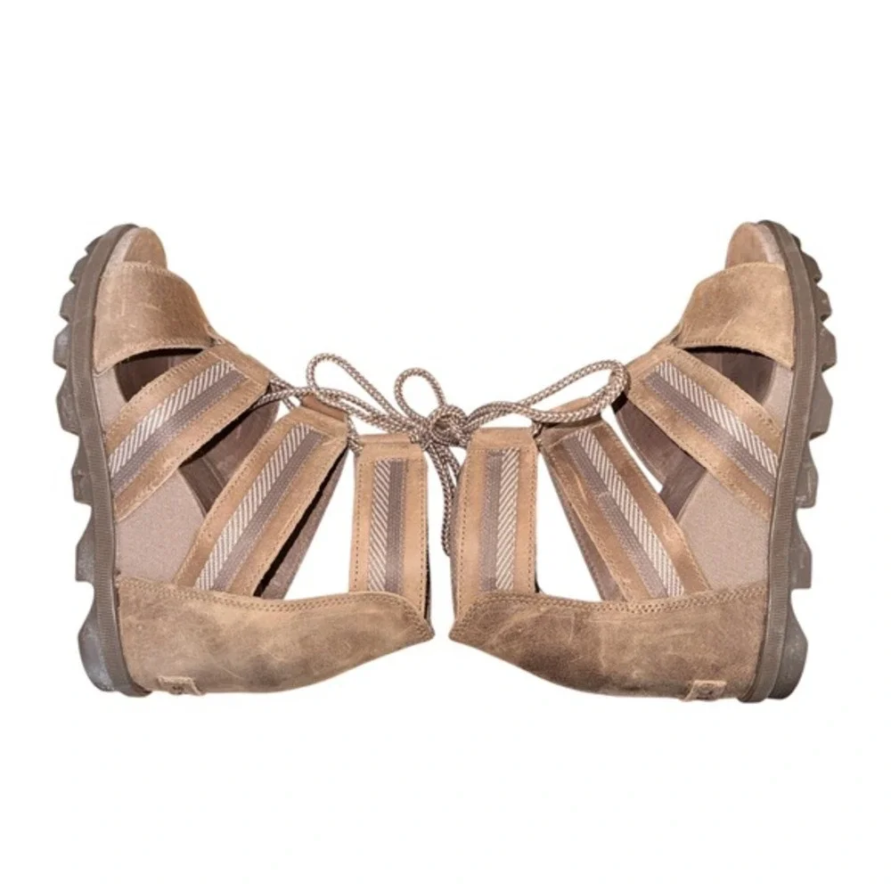 Sorel Joanie II Lace Womens 9 Pre-Owned‎ Wedge Sandal Brown Leather Strappy Lace